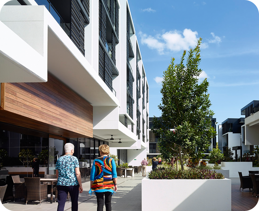 Seniors are walkig in the village